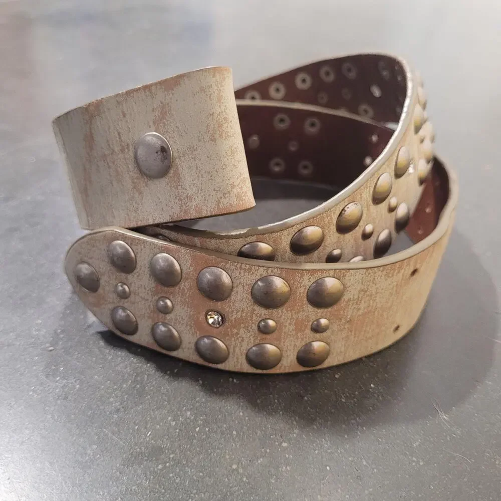 Bebe Belt Small Beige Leather Studded Rhinestone Boho Distressed Moto Rocker Y2K